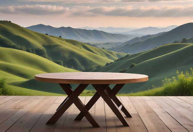 a table on a deck with a mountain view in the background