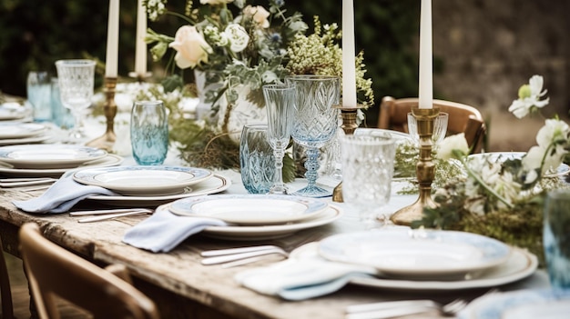 Table decor holiday tablescape and dinner table setting in countryside garden formal event decoration for wedding family celebration English country and home styling inspiration