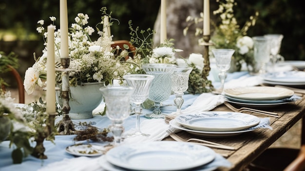 Table decor holiday tablescape and dinner table setting in countryside garden formal event decoration for wedding family celebration English country and home styling inspiration