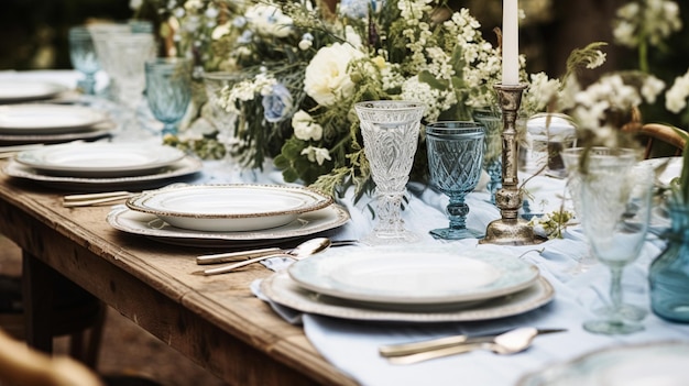 Table decor holiday tablescape and dinner table setting in countryside garden formal event decoration for wedding family celebration English country and home styling inspiration