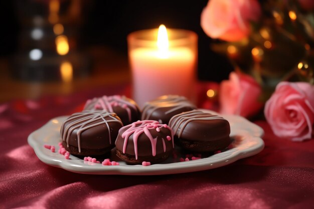 Table decorated for a romantic dinner with sweet desserts chocolates candy and candle background