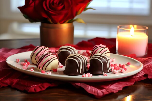 Table decorated for a romantic dinner with sweet desserts chocolates candy and candle background