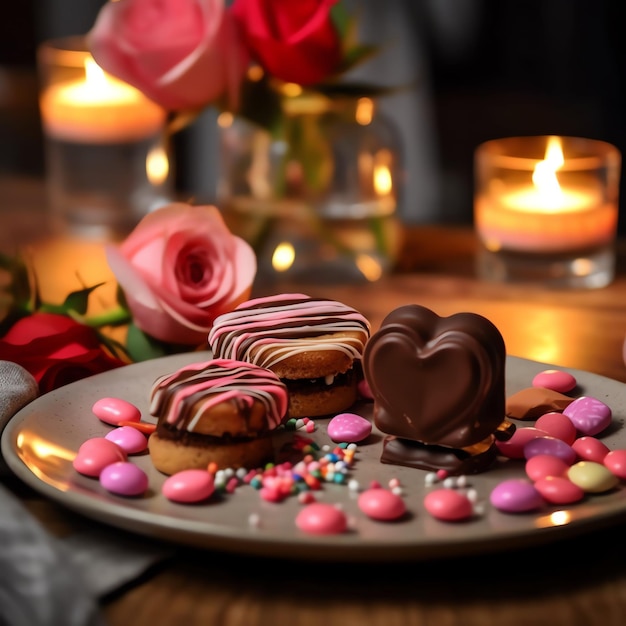 Photo table decorated for a romantic dinner with sweet desserts chocolates candy and candle background