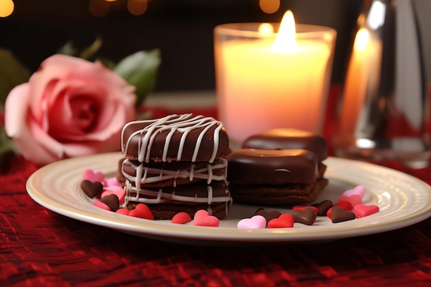 Table decorated for a romantic dinner with sweet desserts chocolates candy and candle background