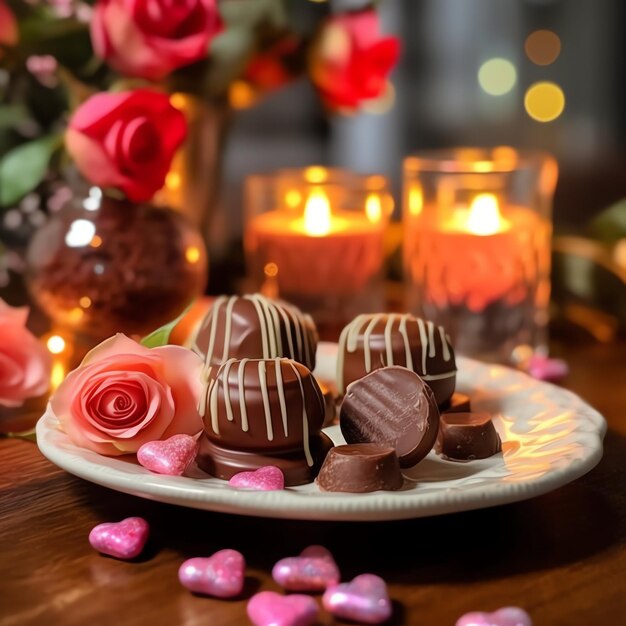 Photo table decorated for a romantic dinner with sweet desserts chocolates candy and candle background