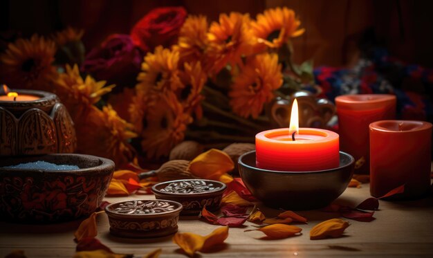 Table decorated with candles fruits flowers and spices to celebrate the Day of the Dead