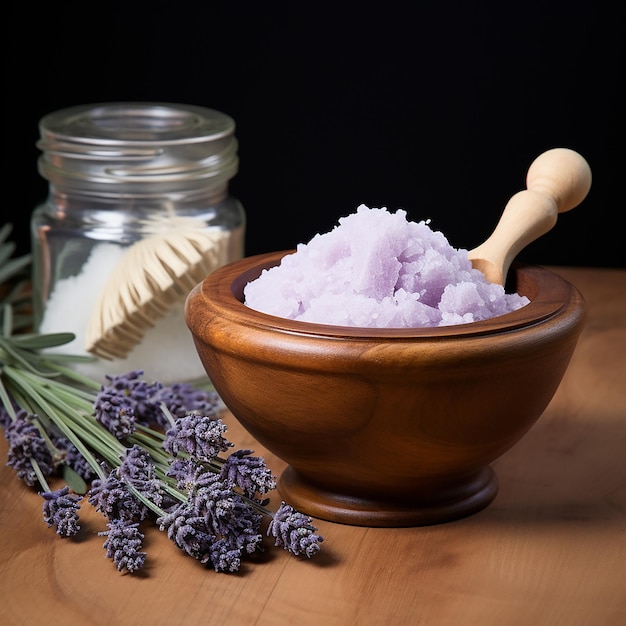 On a table decorated with lavender flowers is purple salt in a wooden bowl