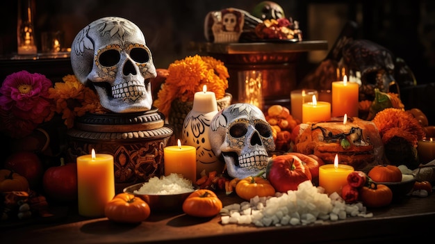 Table decorated with painted Mexican skulls flowers and spices to celebrate the Day of the Dead