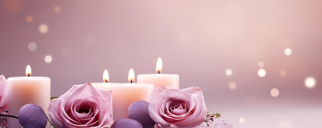 Photo table decorated with pink roses and candles