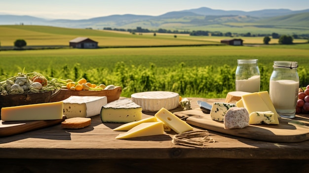 Table of Different Cheeses on a Wooden Table and The