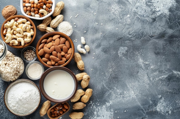 A table displaying various types of nuts stored in bowls Create a visual representation of common allergens like peanuts dairy and gluten