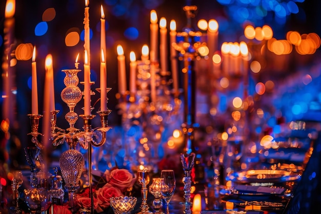 A table elegantly set with candles plates and flowers creating a sophisticated ambiance The theme of the night reflected in every detail