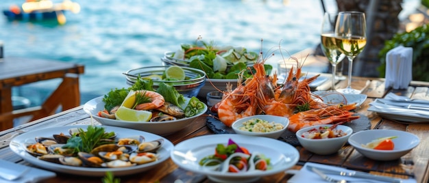 Table filled with shrimp seafood starters and salads in seaside fish restaurant evoking Aegean