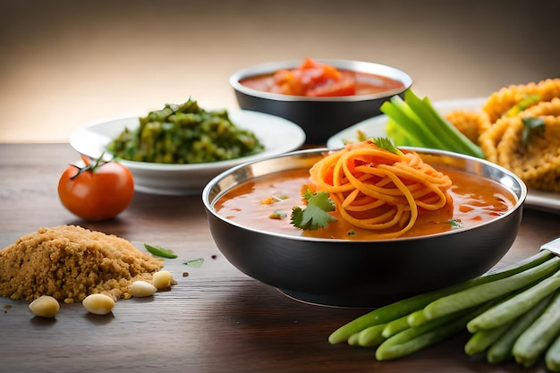 A table of food including a bowl of spaghetti and a bowl of curry.