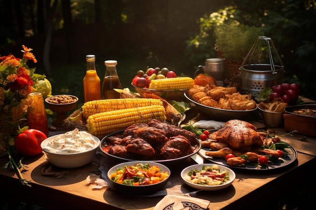 A table of food including chicken, corn, corn, and vegetables.