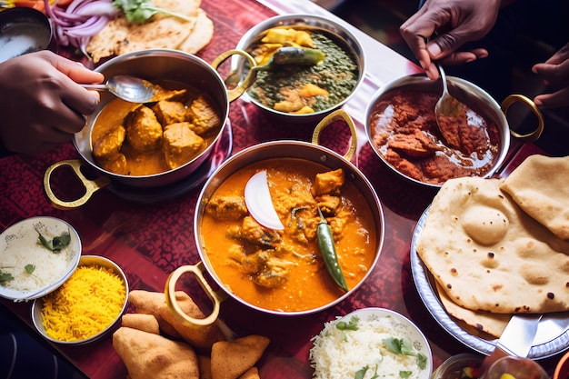 A table of food including chicken curry