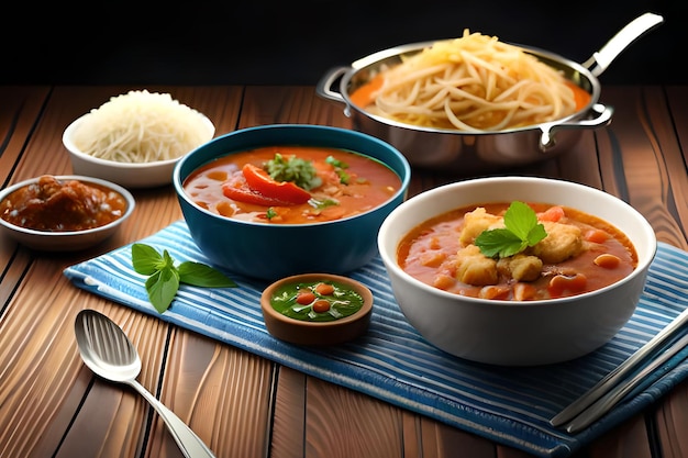 A table of food including chicken and tomato soup.