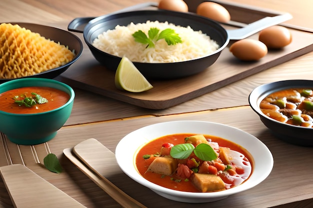 A table of food including rice, rice, and a bowl of food.