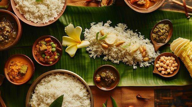 a table of food including rice rice and rice