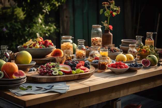 A table of food including a variety of fruits and nuts.