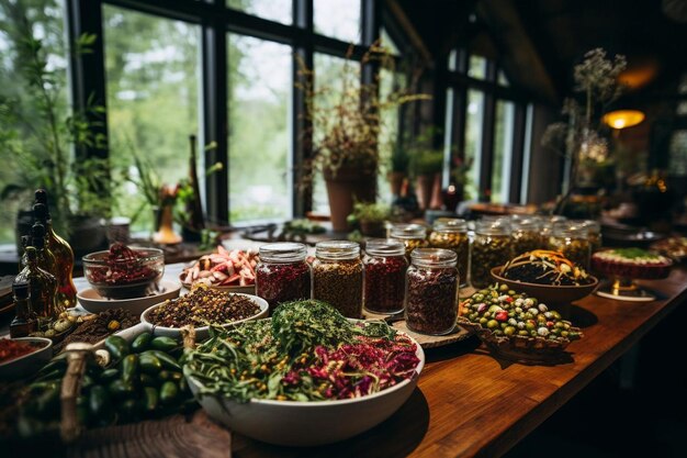 A table of food including vegetables and spices