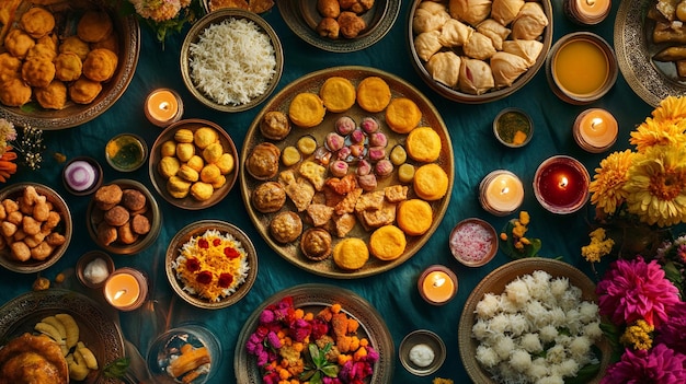 a table of food with a candle and a candle in the middle