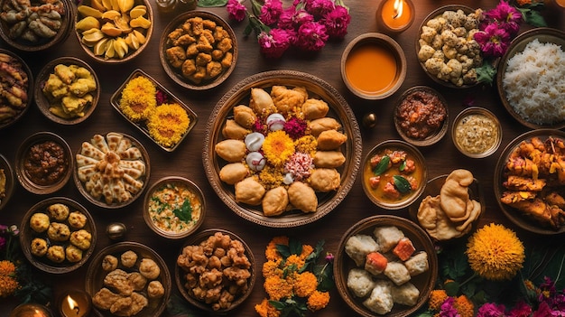 a table of food with a candle in the middle