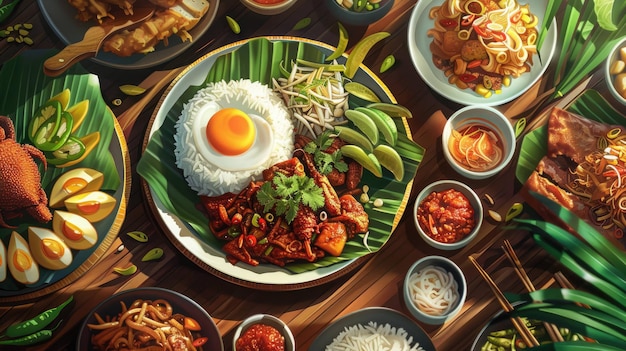 Photo a table of food with a plate of rice rice and rice