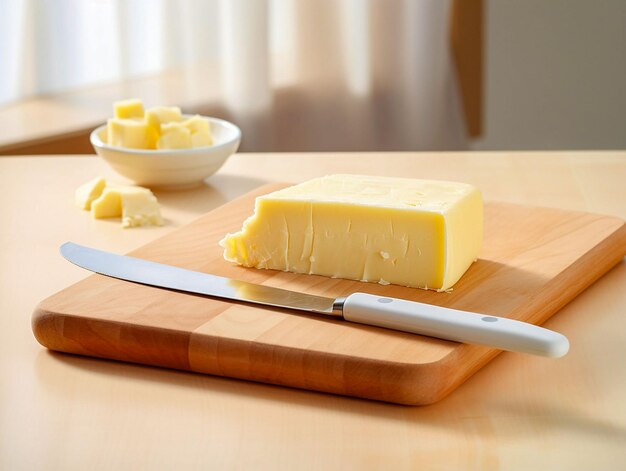 on the table fresh butter cut with knife on wooden plate generated ai