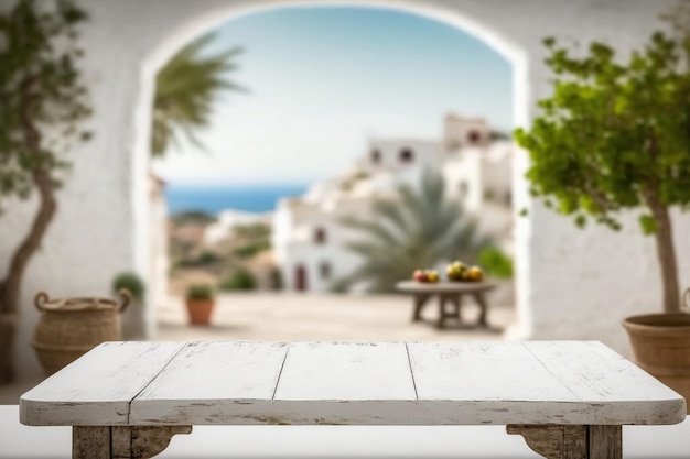 A table in front of an arch with a view on a mediterranean village