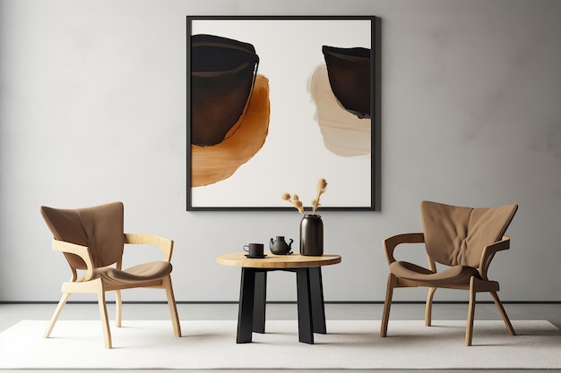 A table in front of a wall with a frame on it Minimalistic interior design composition Generative AI