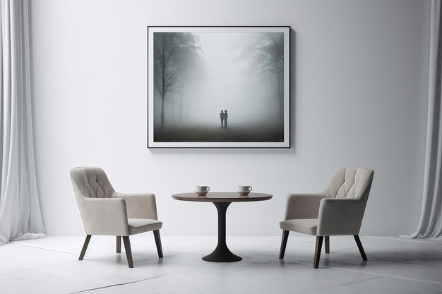 A table in front of a wall with a frame on it Minimalistic interior design composition Generative AI