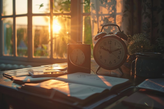 On the table in front of a window is an alarm clock part of the rooms decor