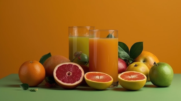 A table of fruit and juices with one of them labeled'orange '