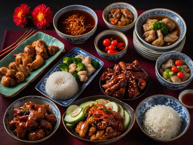 Photo a table full of bowls of rice rice and rice