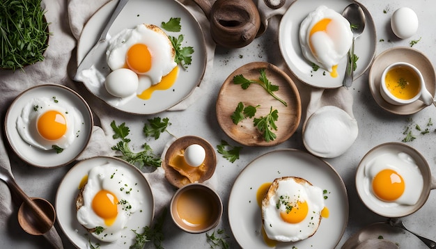 a table full of breakfast foods including eggs eggs and a cup of coffee