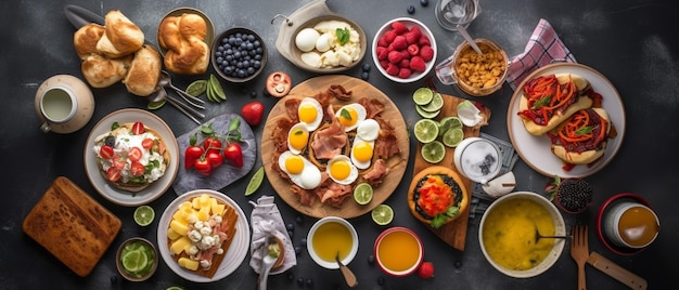 A table full of breakfasts including eggs, bacon, eggs, and bacon.