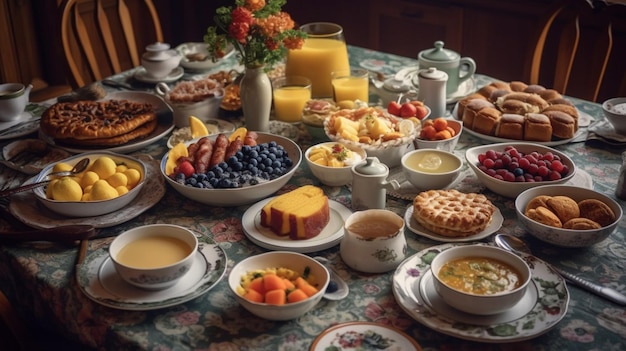 A table full of breakfasts including waffles, waffles, waffles, and other breakfast foods.