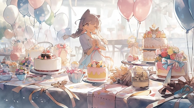 A table full of cakes and a girl with a hat on.