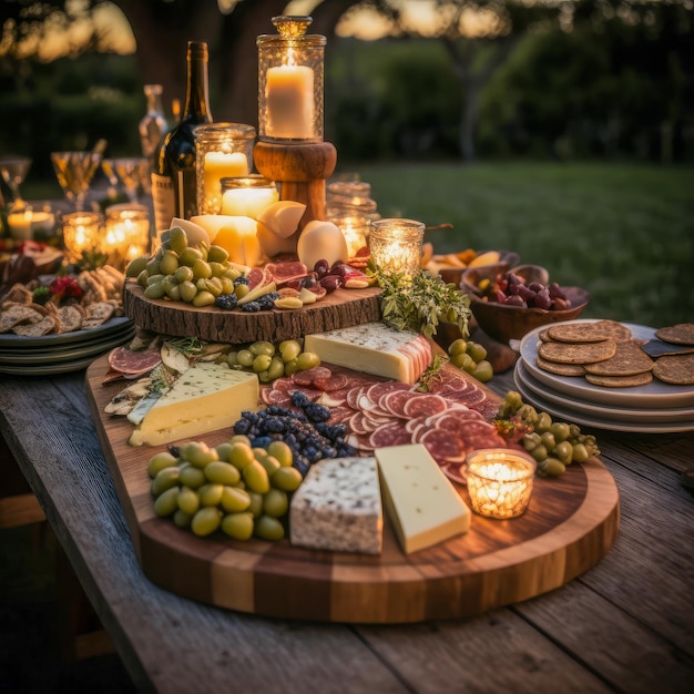 A table full of cheeses and meats with a candle lit.