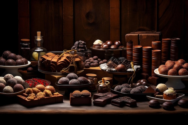 A table full of chocolates and desserts including a chocolate bar.