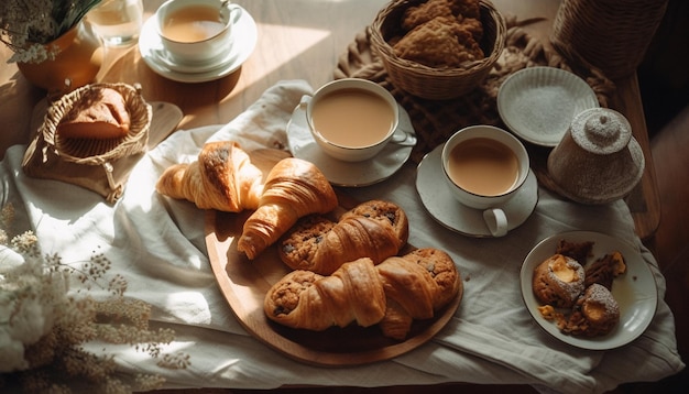 A table full of coffee and croissants with cups of coffee on it