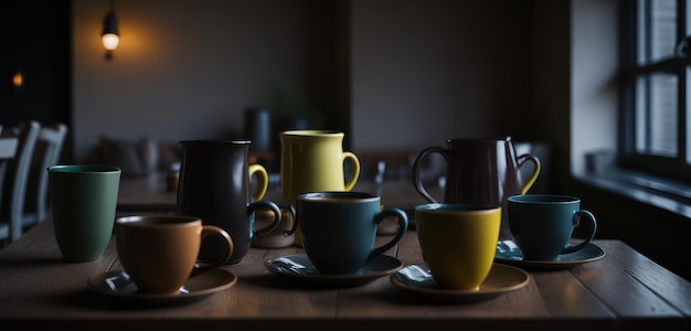 A table full of coffee cups with a candle on it