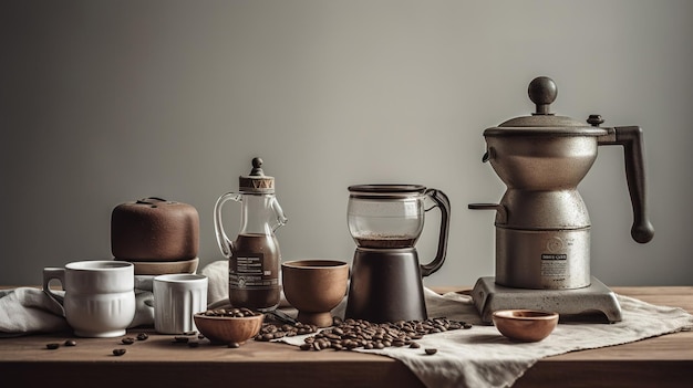 A table full of coffee pots and coffee pots with a coffee maker on it.