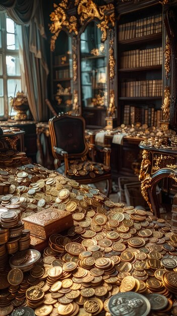 Photo a table full of coins captured beautifully