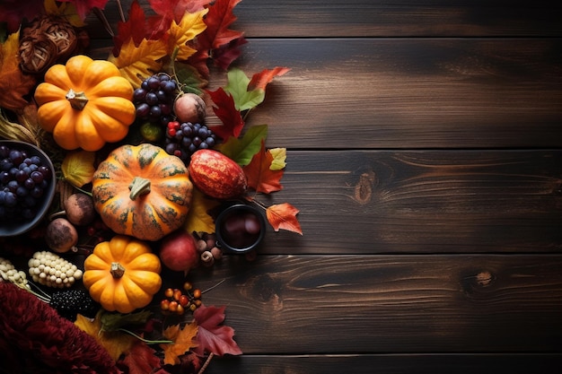 A table full of colorful autumn leaves and pumpkins