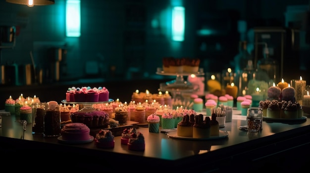 A table full of cupcakes and other desserts with a lit up background.