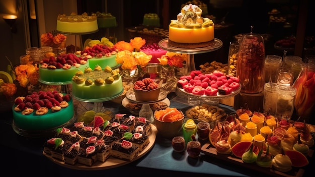 A table full of desserts including a cake, fruit, and desserts.