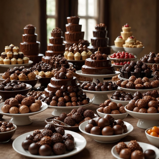 a table full of desserts including chocolate and raspberry