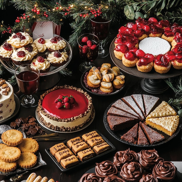 Photo a table full of desserts including cupcakes muffins and a cupcake